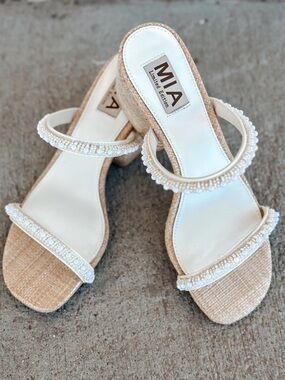 MIA Cream Beaded Double-Strap Heeled Sandals